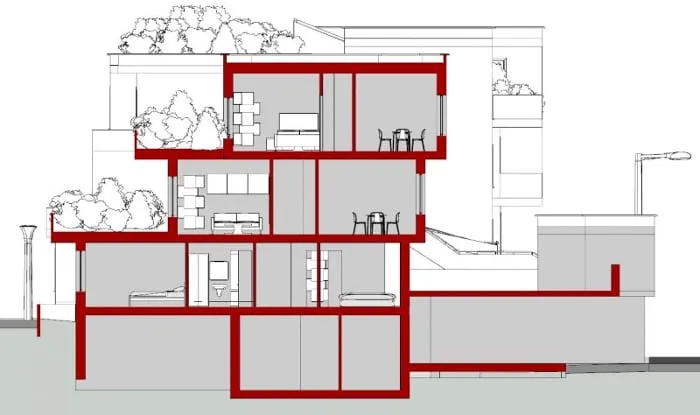 Inspiriert vom Mehrfamilienhaus-Projekt Villaggio Matteotti – Schnitt mit Edificius realisiert