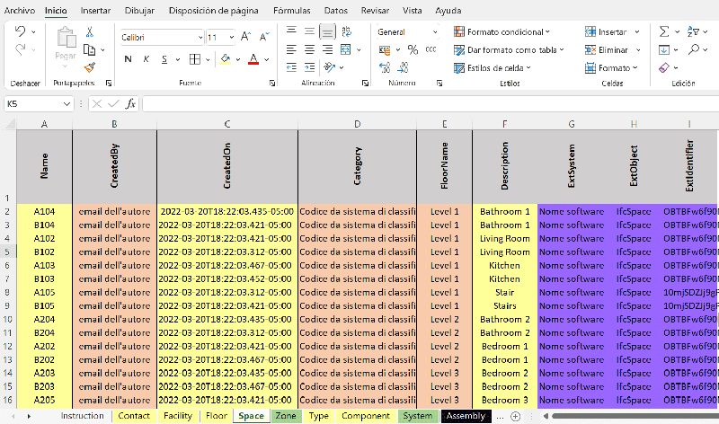 Esempio Data COBie in formato Excel