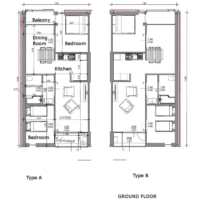 Social Housing in Lleida – single units floor plan – type A, type B
