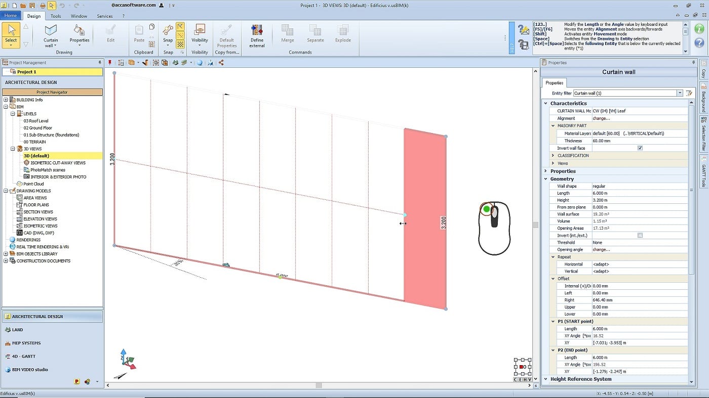 Dimensions of continuous facade mouse Edificius BIM