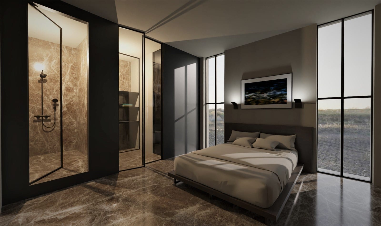 Render of a bedroom with a single bathroom-walk-in closet environment