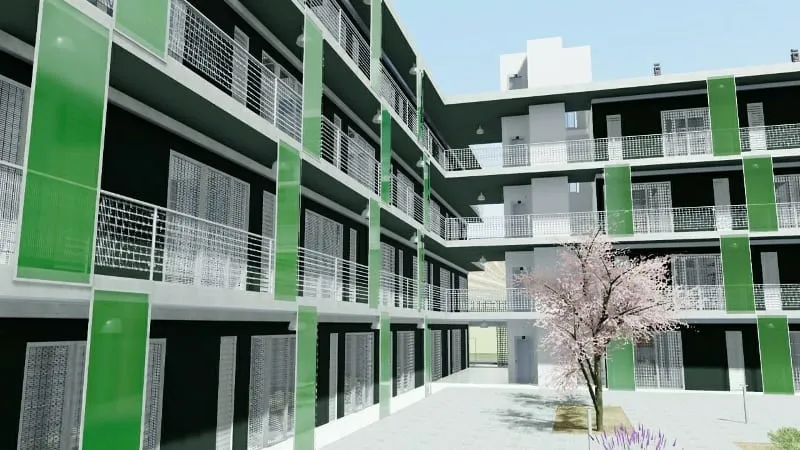 Ejemplo de diseño moderno de viviendas sociales realizado en Lleida – render hecho con Edificius