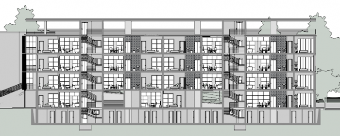 Casas en línea — Proyecto Trame d'Ombra — Sección D-D' — Realizada con Edificius