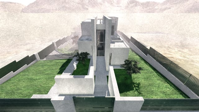 Rendu-Camarines-logiciel-BIM-Edificius-vue-aerienne-entree-effet-artistique