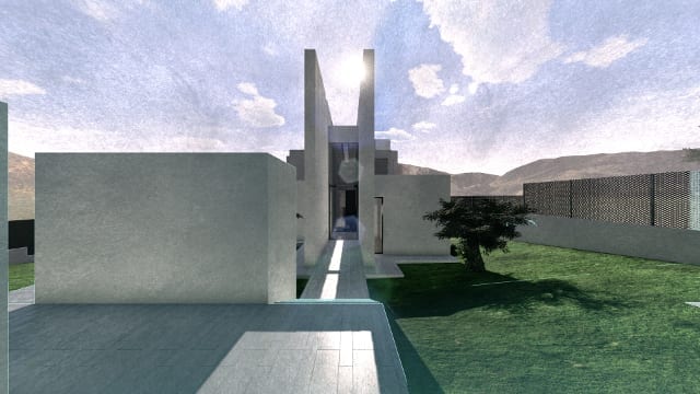Rendu-Camarines-logiciel-BIM Edificius-vue-frontale-entree-effet-artistique vista frontale ingresso con effetto artistico