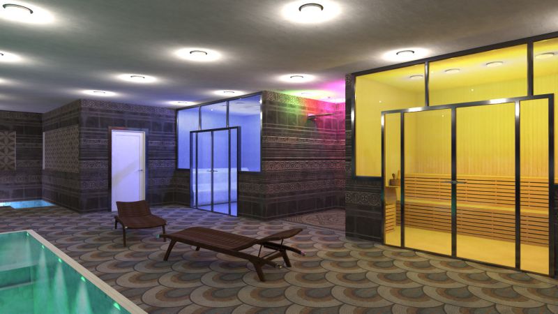como projetar um centro de bem-estar - Render área wellness com vista para a sala de massagens