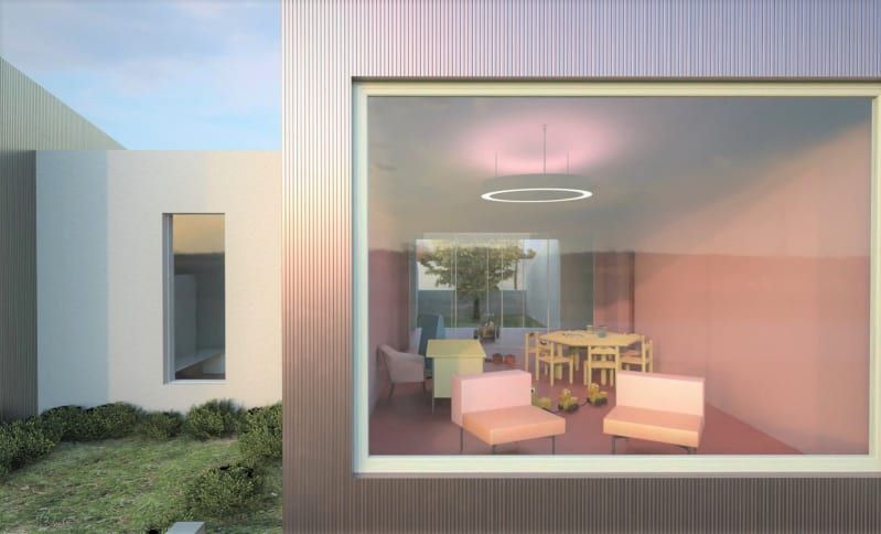 Render de uma sala de aula do projeto de uma creche realizado com Edificius