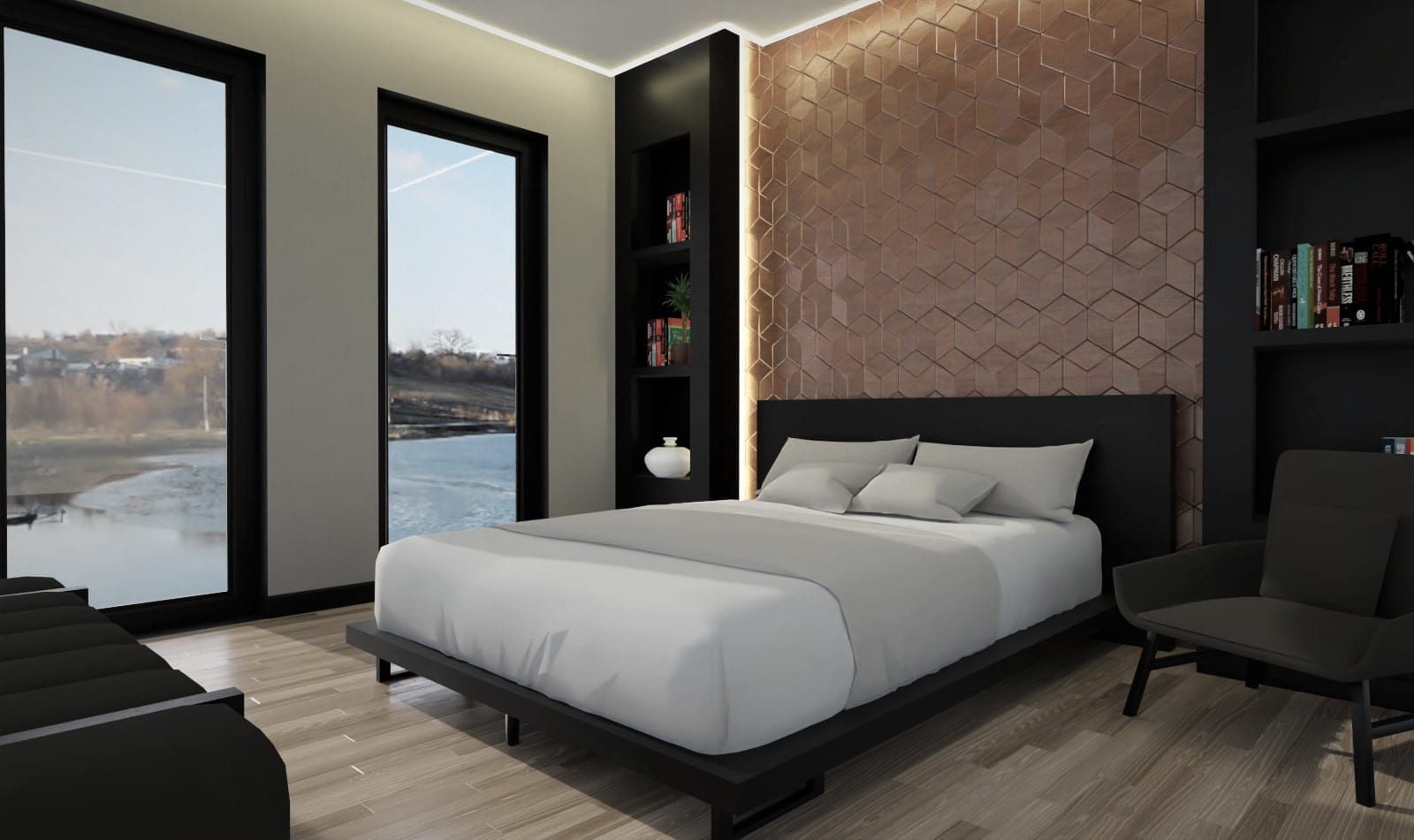 Render de um quarto com banheiro e closet adjacentes e comunicantes projeto de quarto com banheiro e closet