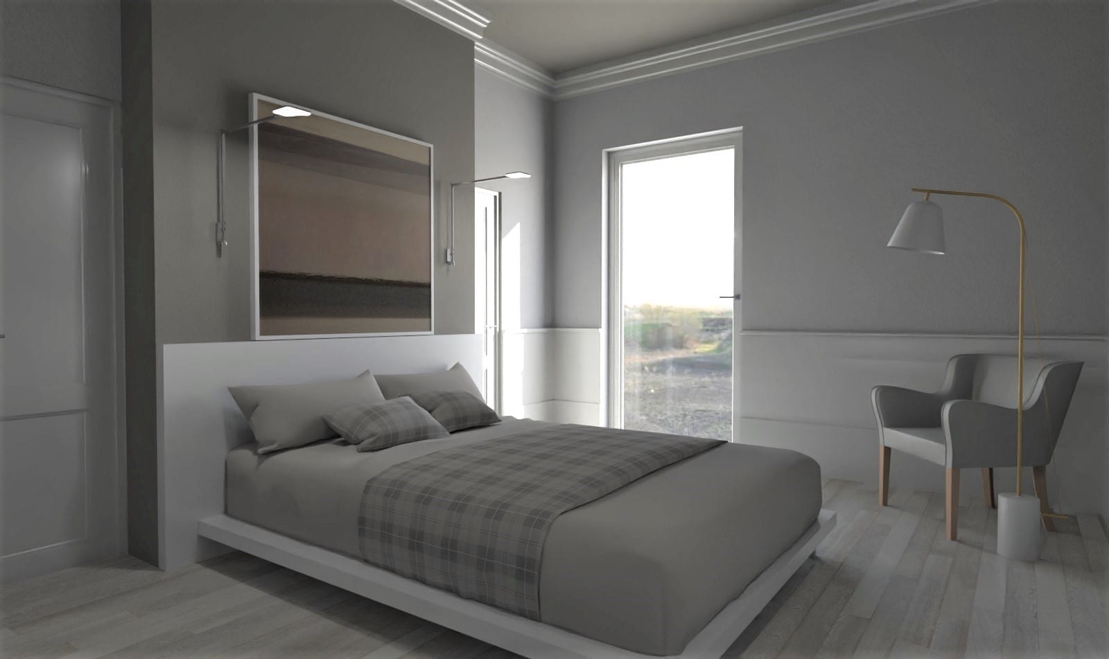 Render quarto com banheiro e closet adjacentes