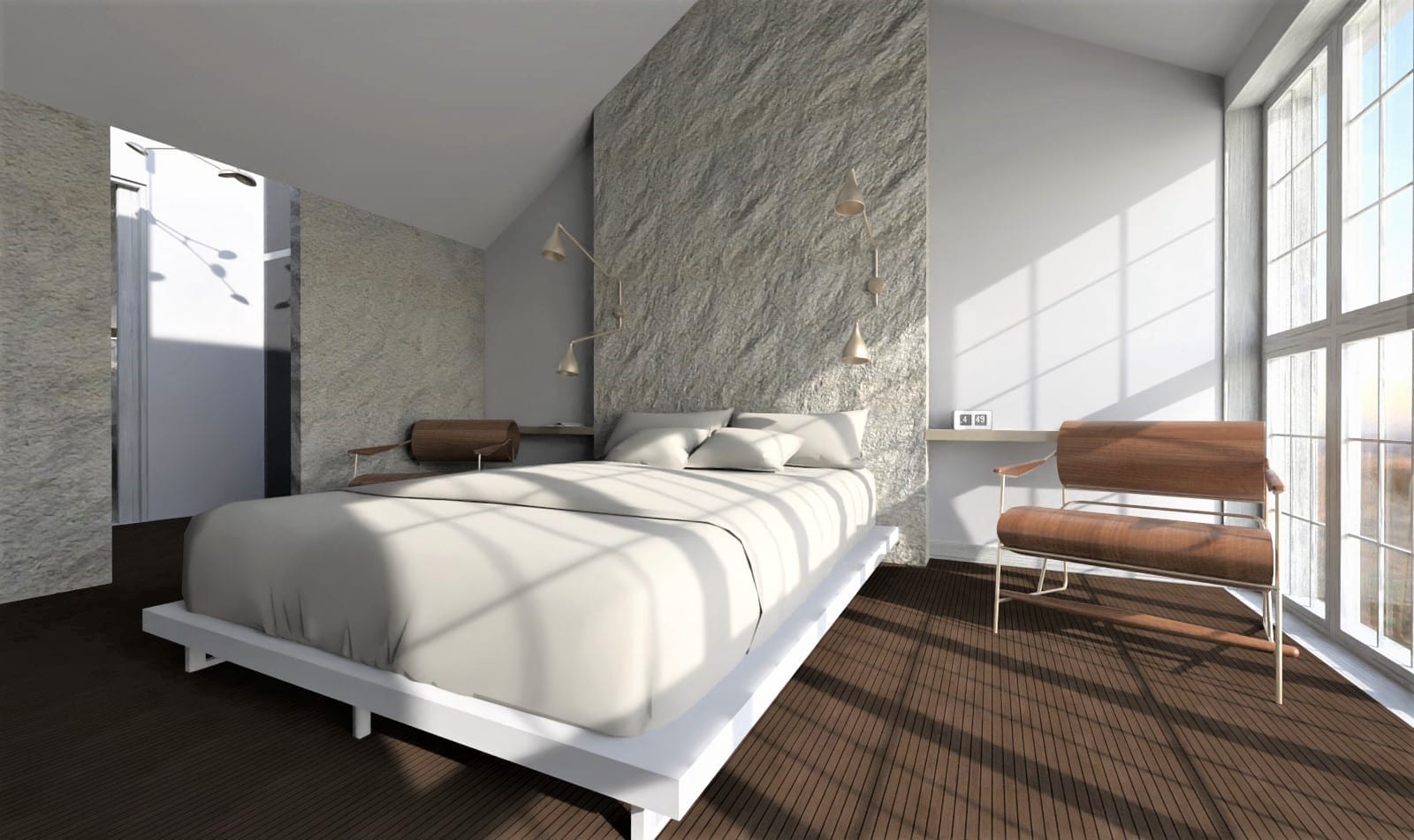 Render de uma câmera de dormir com banheiro e closet aberto projeto de quarto com banheiro e closet